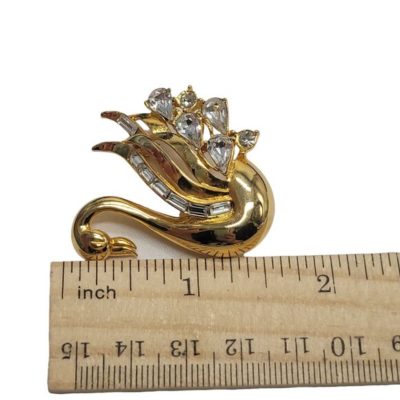 Vtg Swan Rhinestone Brooch Pin Gold Tone Crystal Details & Elegant Design - Picture 3 of 10